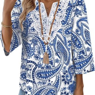 WIHOLL 3/4 Length Sleeve Tops Boho V Neck Lace Shirt Trendy image 1